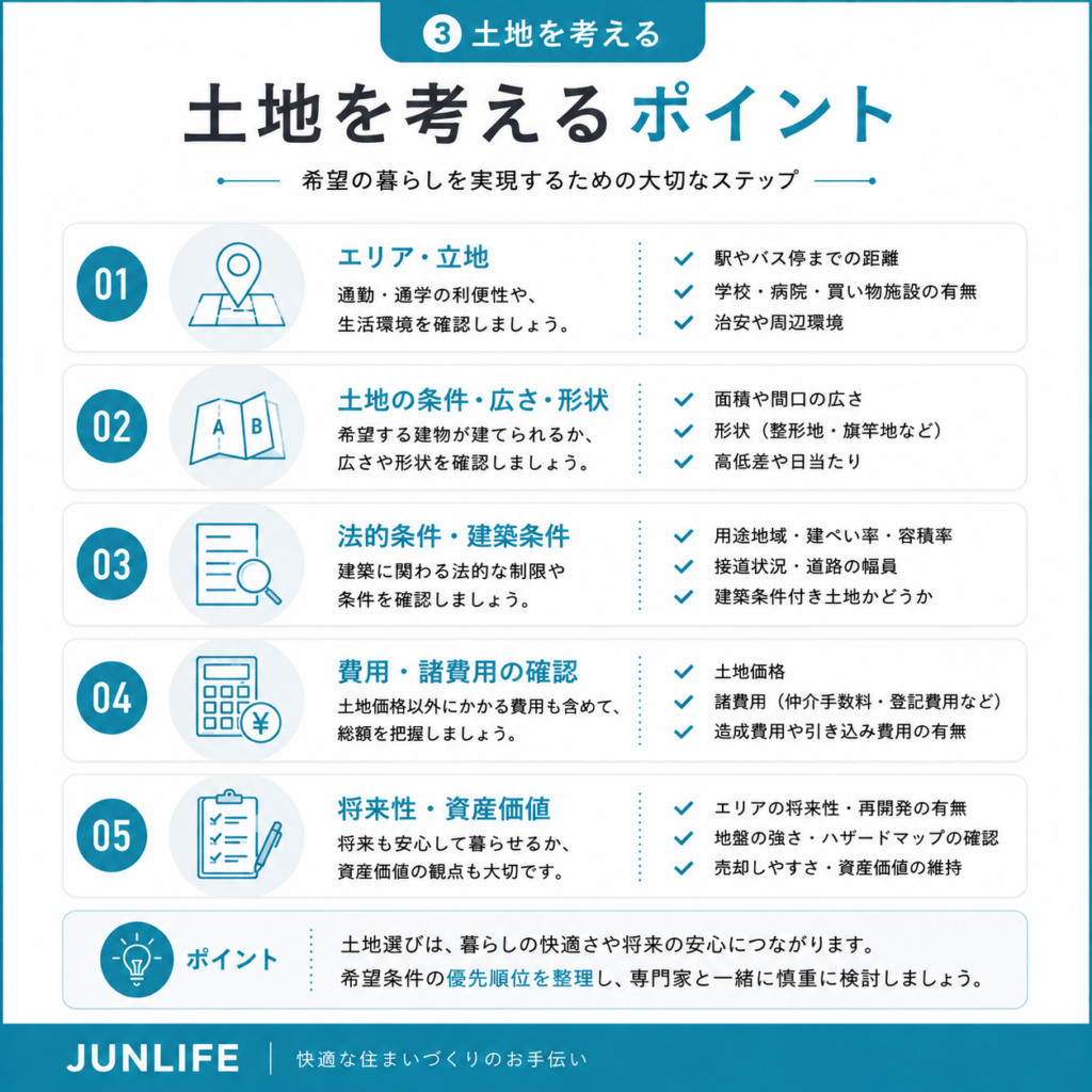 家づくりで土地を考えるポイントをまとめた図解